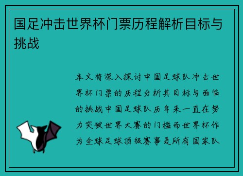 国足冲击世界杯门票历程解析目标与挑战
